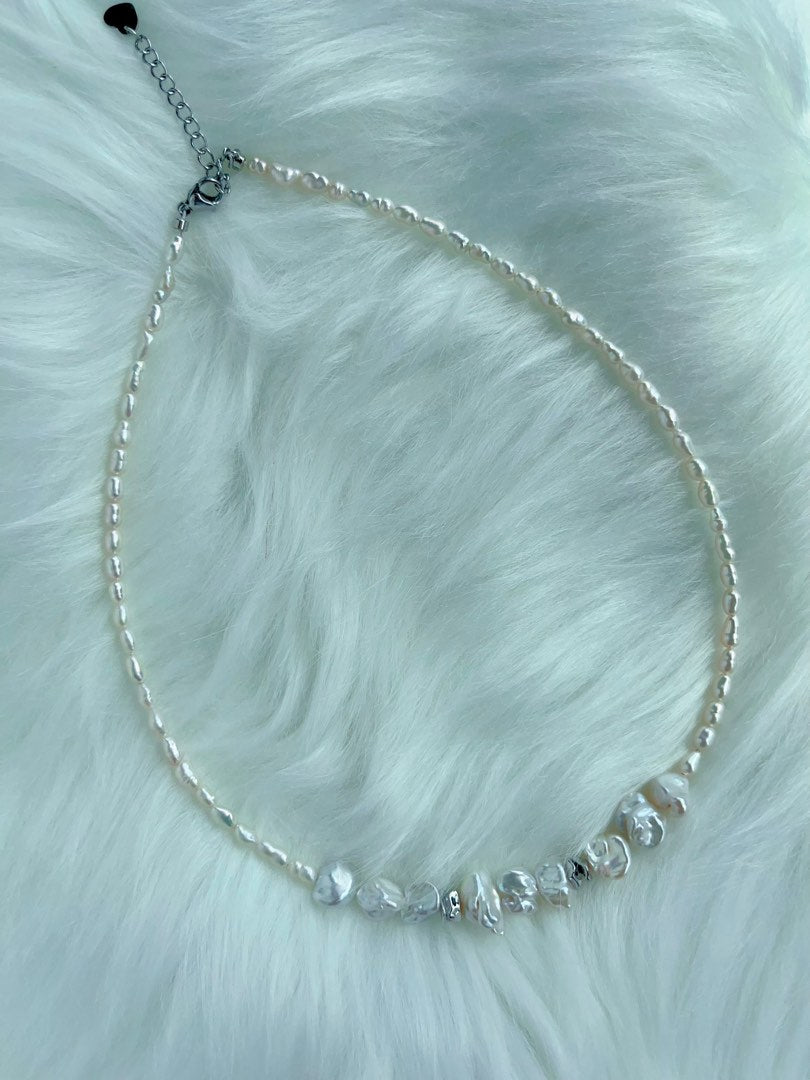 #PN340 Cool & Sweet| Freshwater Pearl Necklace | Ancient Silver Shape Baroque Pearl | Silver-ish Lustre| Baby Keshi Pearl