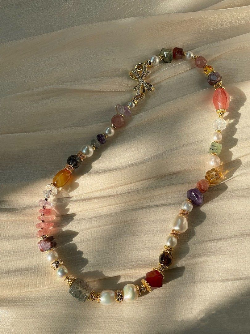 #PN22 Graceful Gems| Freshwater Pearl Necklace | Carved Fluorite Barrel | Faceted Garnet| Amethyst Freeform | Fire Quartz Faceted | Strawberry Quartz Chip| Agate| Baroque Pearl