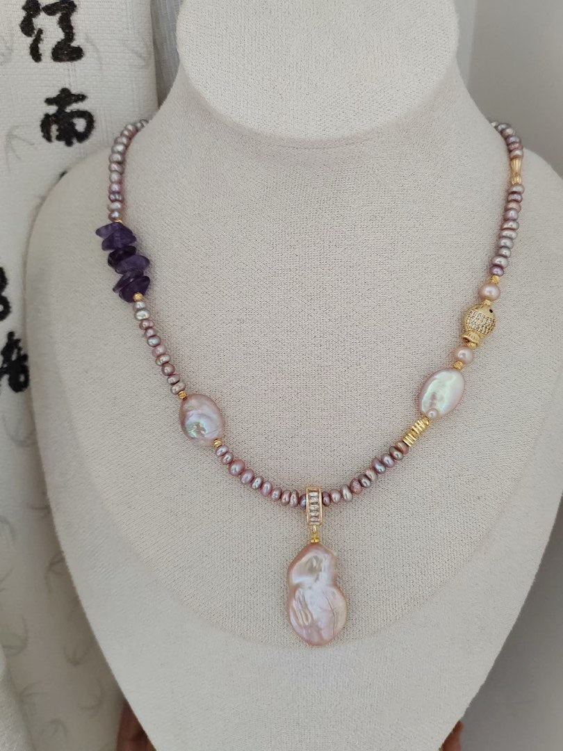 #PN297 Dynamic Sea| Freshwater Pearl Necklace | Fish Charm | Amethyst Chip| Baby Baroque Pearl | Gourd Removable Pendant | Lustrous
