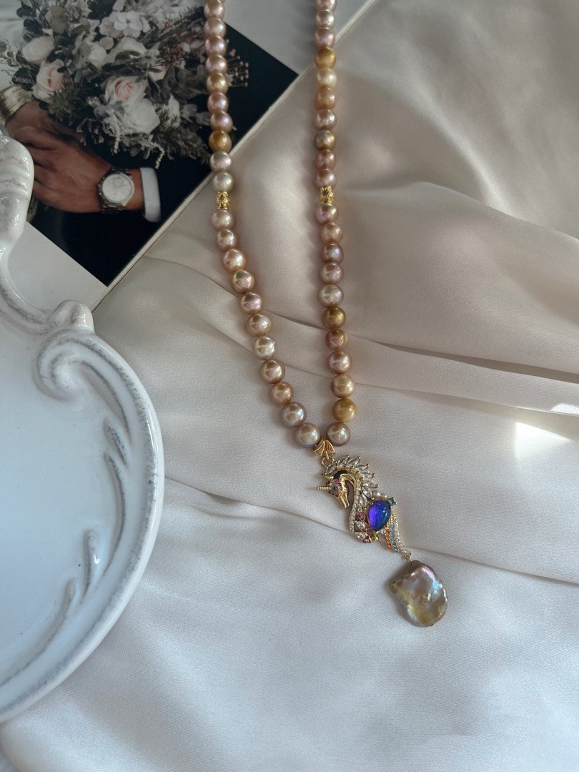 #PN264 Golden Wonder|Freshwater Pearl Necklace |Vintage|Natural Metallic Colour |Seahorse Pendant