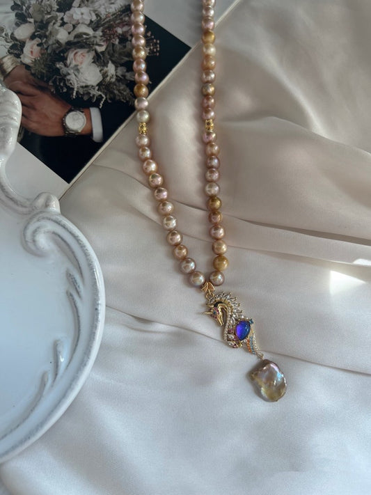 #PN264 Golden Wonder|Freshwater Pearl Necklace |Vintage|Natural Metallic Colour |Seahorse Pendant