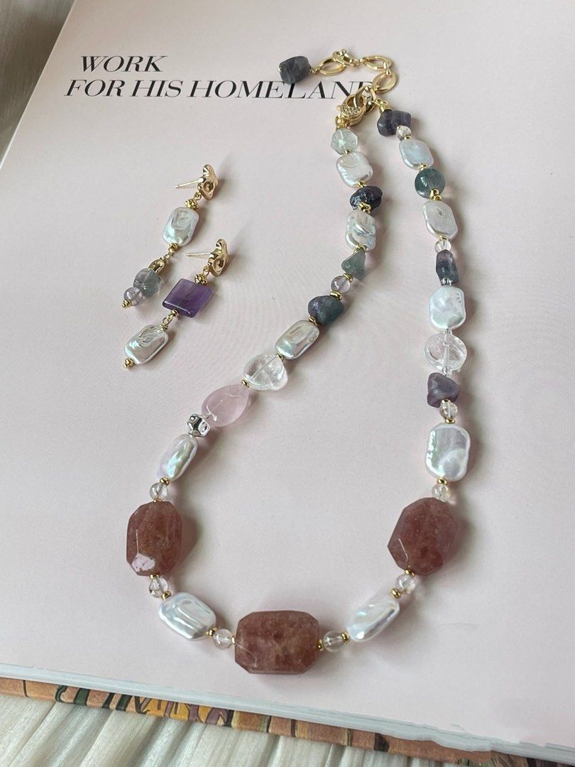 #PN52 Red Tenderness | Freshwater Pearl Necklace & Earrings Set | Strawberry Quartz Rectangle | Pearl Square |Fluorite Freeform