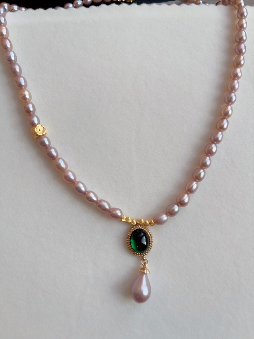 #PN126 Freshwater Pearl Necklace |Purple Pearls|Metallic Lustre| Green Nano Pendant |Peach Blossom Charm