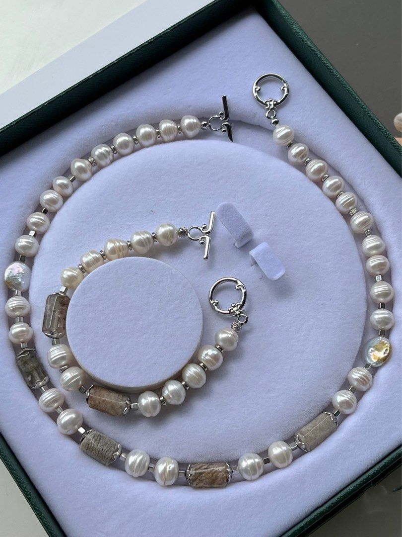 #PN234 Unisex| Freshwater Pearl Necklace & Bracelet Set |UFO Shaped Pearl |Grey Agate|Natural Growth Lines