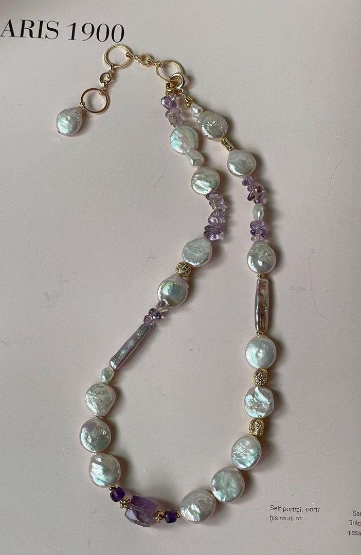 #PN352 Coin Clarity |Freshwater Pearl Necklace | Coin Pearl |Amethyst Chip, Cube|Stick Shaped Pearl|Lustrous