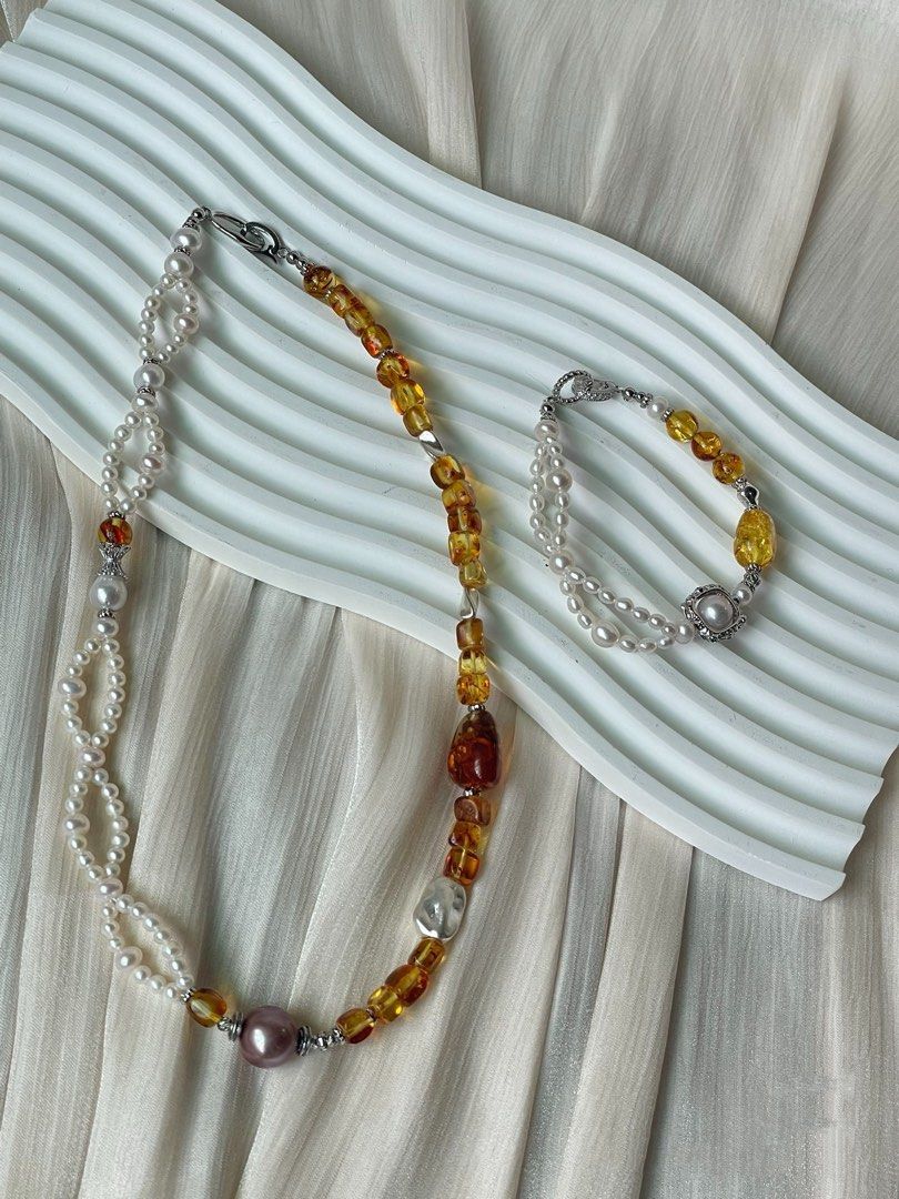 #PN354 Woven Golden |Freshwater Pearl Necklace & Bracelet Set |Edison Pearl |Beeswax Freeform, Cubes|Double-layer