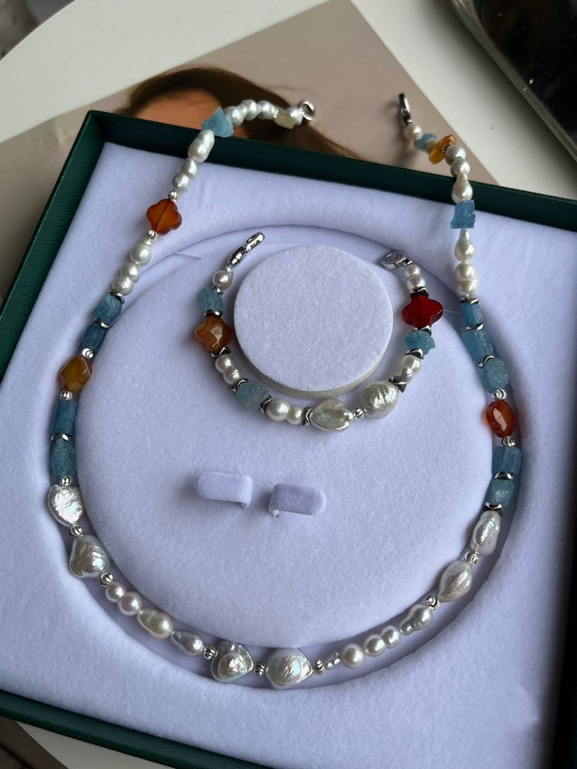 #PN184 Blue & Red|Freshwater Pearl Necklace & Bracelet Set|Agate Clover|Aquamarine Original Stone|Gourd Shaped Pearl|Bow|Baroque Pearl
