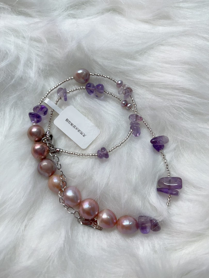 #PN335 Lavender Lake| Freshwater Pearl Necklace | Amethyst Chip | Imported Beads| Purple Baroque Pearl | Natural Flaw