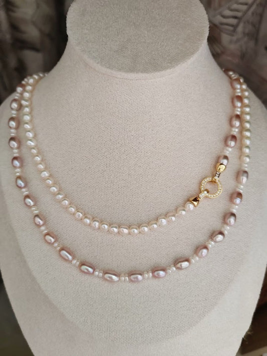 #PN291 Sea Breeze | Freshwater Pearl Necklace | Long Sweater Necklace | Lustrous Purple Rice Pearl | White Baroque Pearl | Zircon Clasp