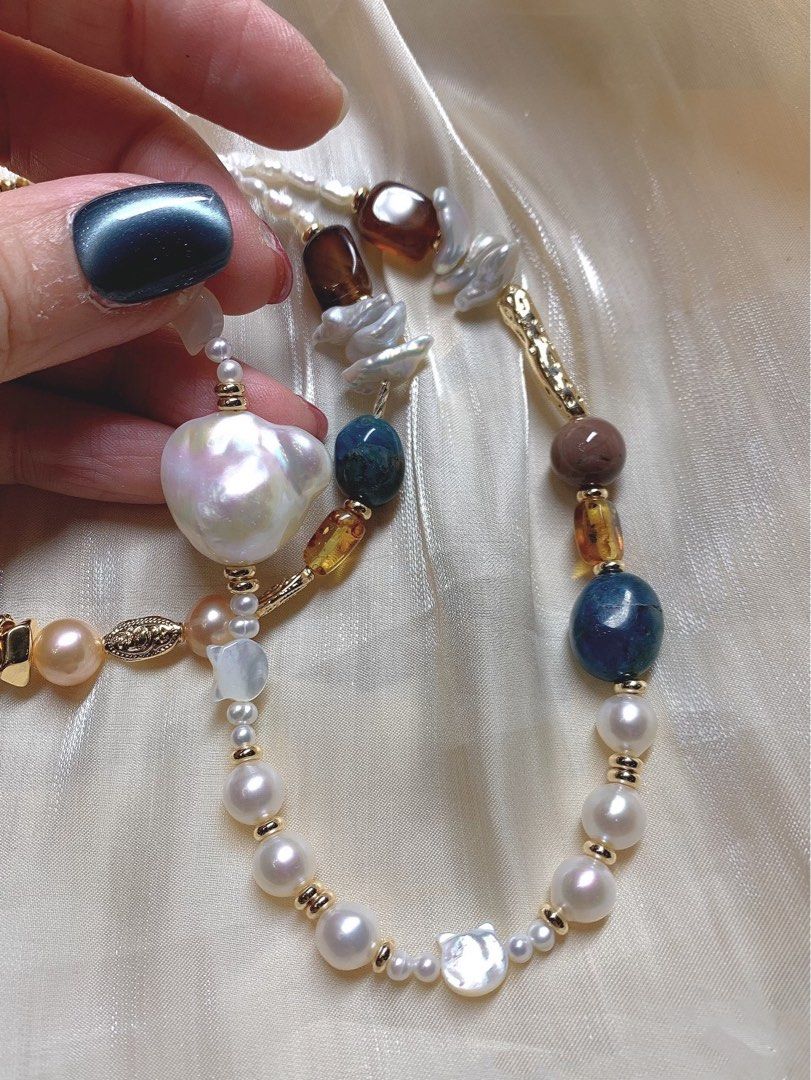 #PN204 Autumn Garden |Freshwater Pearl Necklace & Bracelet Set|Baby Baroque Pearl |Big Petal Baroque Pearl |Tea Quartz |Natural Stones |Cat Head Shell