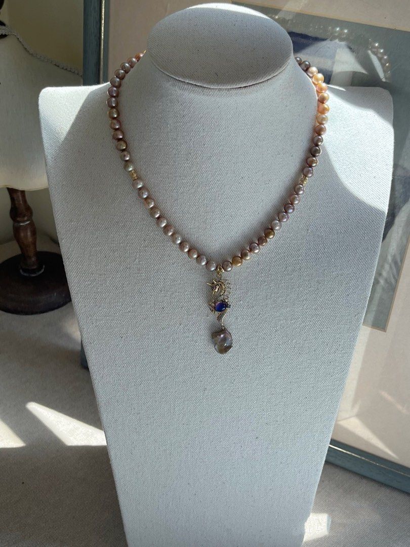 #PN264 Golden Wonder|Freshwater Pearl Necklace |Vintage|Natural Metallic Colour |Seahorse Pendant