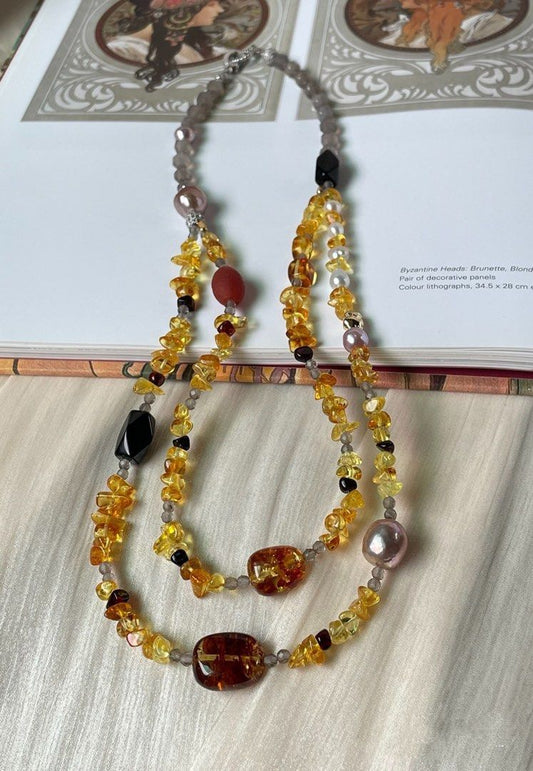 #PN301 Yellow Summer| Freshwater Pearl Necklace | Grey Agate Cubes|Double-layer|Amber Freeform |Beeswax Chip|Purple Baroque Pearl