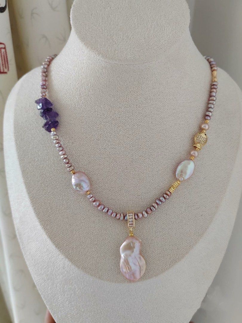 #PN297 Dynamic Sea| Freshwater Pearl Necklace | Fish Charm | Amethyst Chip| Baby Baroque Pearl | Gourd Removable Pendant | Lustrous