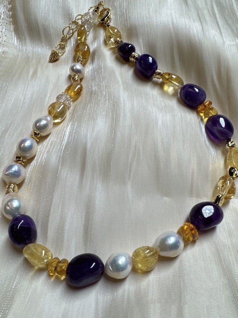 #PN12 Gorgeous Purple |Freshwater Pearl Necklace|Big Yellow Quartz |Big Purple Quartz |Deep Purple |Beeswax|Big Baroque Pearl |Irregular|Strong Presence