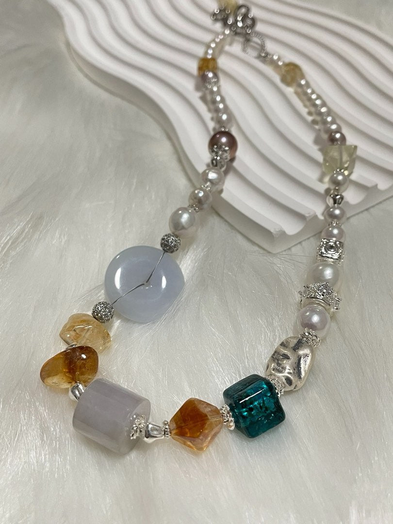#PN353 Jadeite Singing | Freshwater Pearl Necklace | Jadeite Peace Buckle | Jadeite Barrel | Edison, Baroque Pearl |Citrine Freeform
