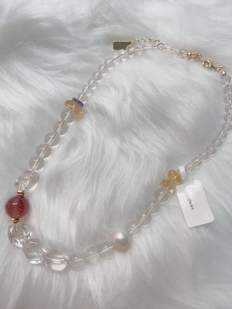 #PN281 Pearl Innocence | Freshwater Pearl Necklace | Clear Quartz Freeform, Round Beads| Big Baroque Pearl |Lustrous| Strawberry Quartz