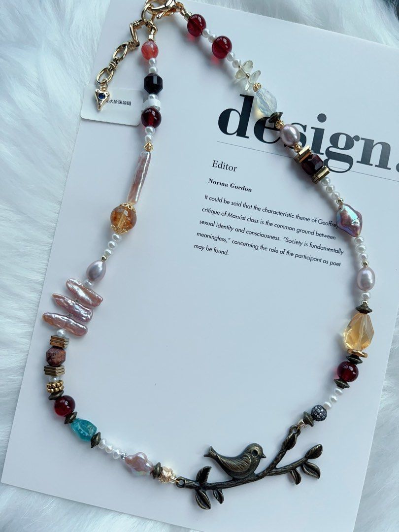 #PN331 Bird Singing | Freshwater Pearl Necklace | Citrine Freeform | Garnet| Bird on Branch Charm| Lute, Stick Pearl | Opal| Yanyuan Agate| Natural Flaws