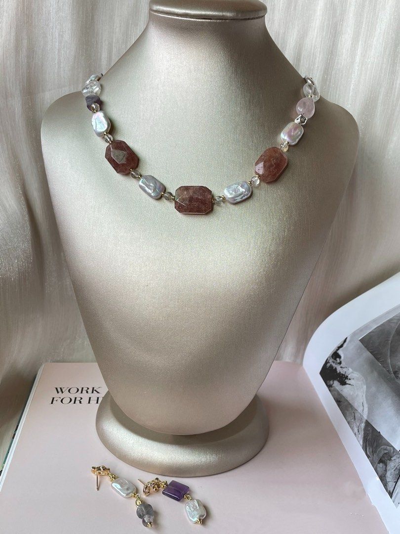 #PN52 Red Tenderness | Freshwater Pearl Necklace & Earrings Set | Strawberry Quartz Rectangle | Pearl Square |Fluorite Freeform