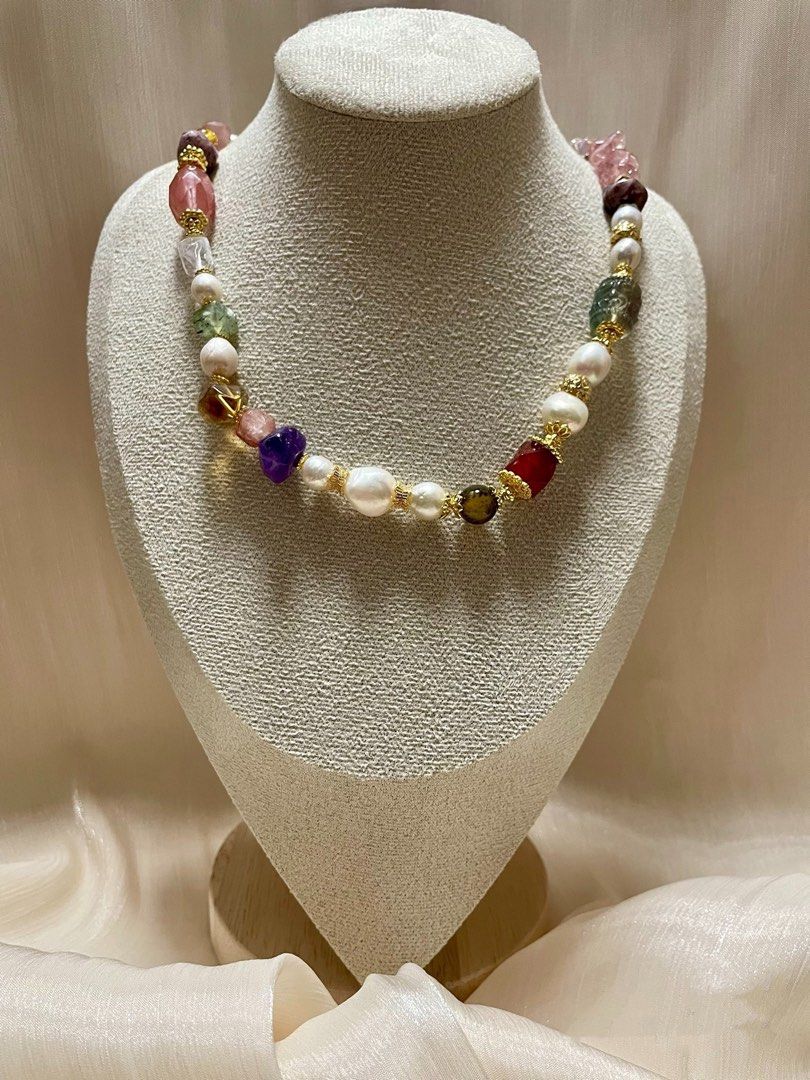 #PN22 Graceful Gems| Freshwater Pearl Necklace | Carved Fluorite Barrel | Faceted Garnet| Amethyst Freeform | Fire Quartz Faceted | Strawberry Quartz Chip| Agate| Baroque Pearl