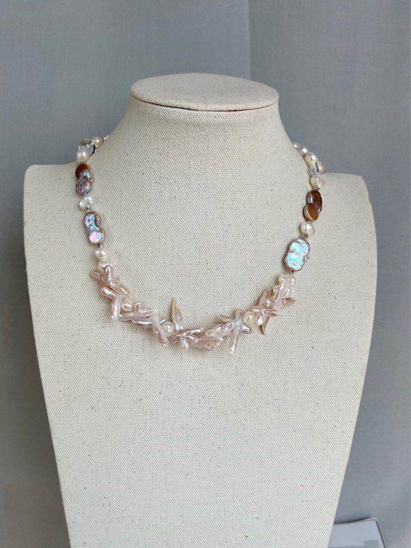 #PN68 Cross Flower | Freshwater Pearl Necklace & Bracelet Set | Bit Pinkish Cross Pearl | Lustrous Baroque Pearl | White Quartz
