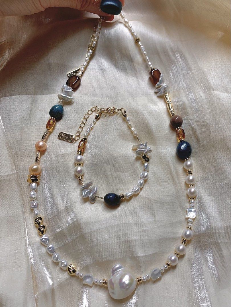 #PN204 Autumn Garden |Freshwater Pearl Necklace & Bracelet Set|Baby Baroque Pearl |Big Petal Baroque Pearl |Tea Quartz |Natural Stones |Cat Head Shell