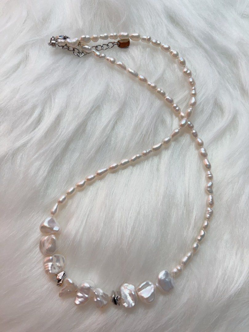#PN340 Cool & Sweet| Freshwater Pearl Necklace | Ancient Silver Shape Baroque Pearl | Silver-ish Lustre| Baby Keshi Pearl