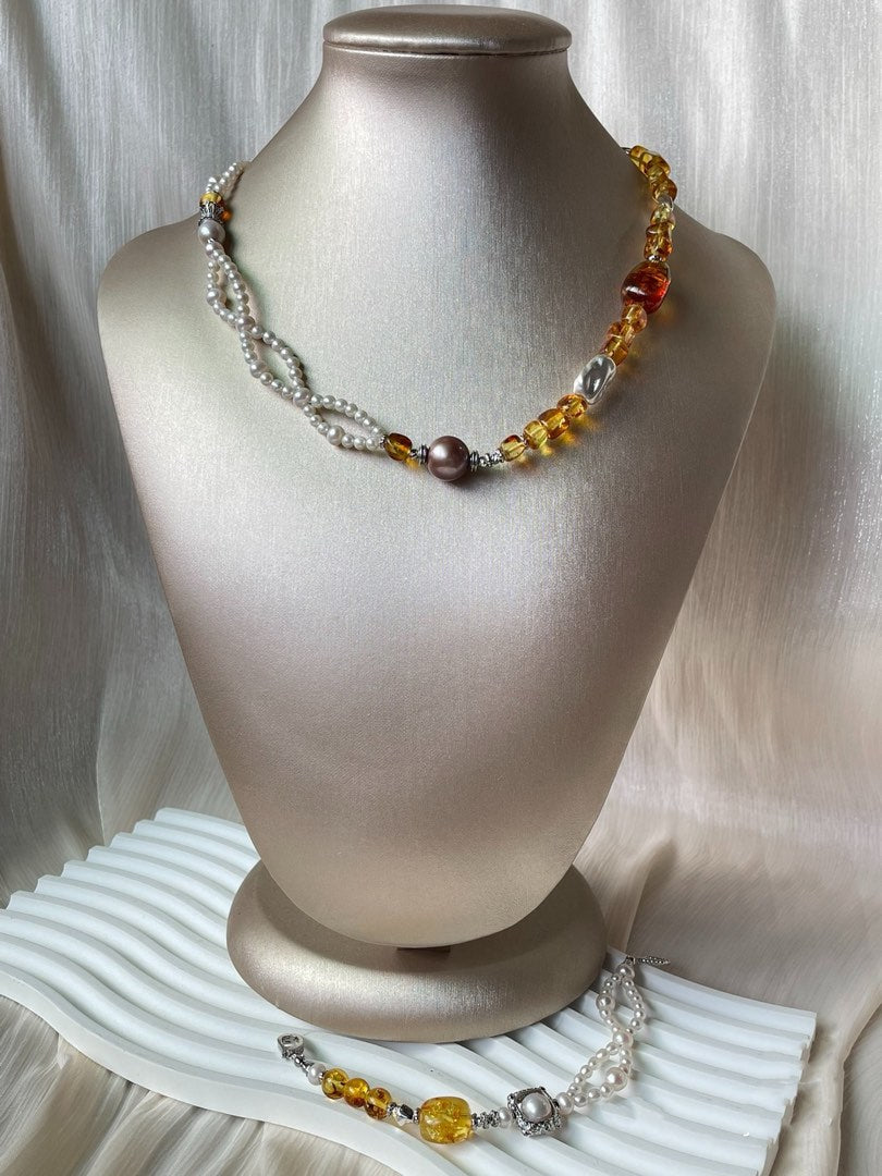 #PN354 Woven Golden |Freshwater Pearl Necklace & Bracelet Set |Edison Pearl |Beeswax Freeform, Cubes|Double-layer
