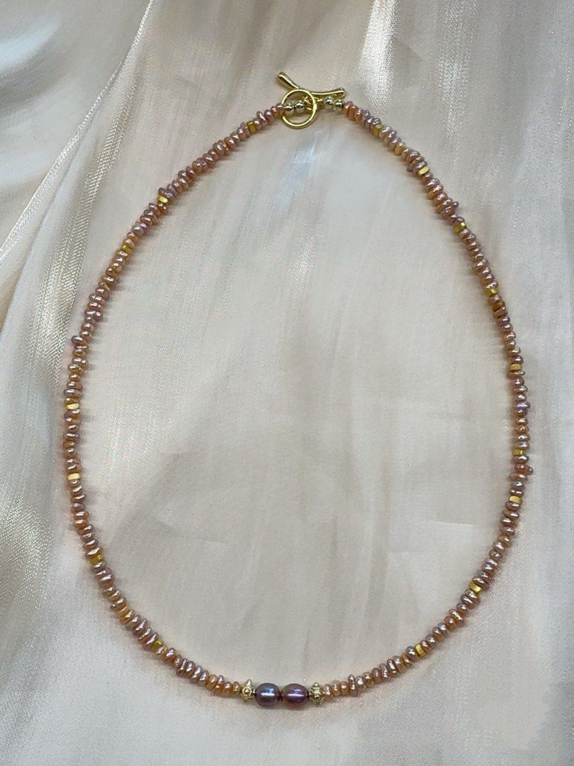 #PN268 Champagne Gold|Freshwater Pearl Necklace |Mini Baroque Pearl | Metallic Purple|Layered Pearls