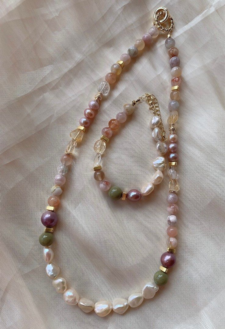 #PN219 Baroque Pearl & Natural Stone Necklace & Bracelet Set |Rose Quartz |Flower Agate|Citrine