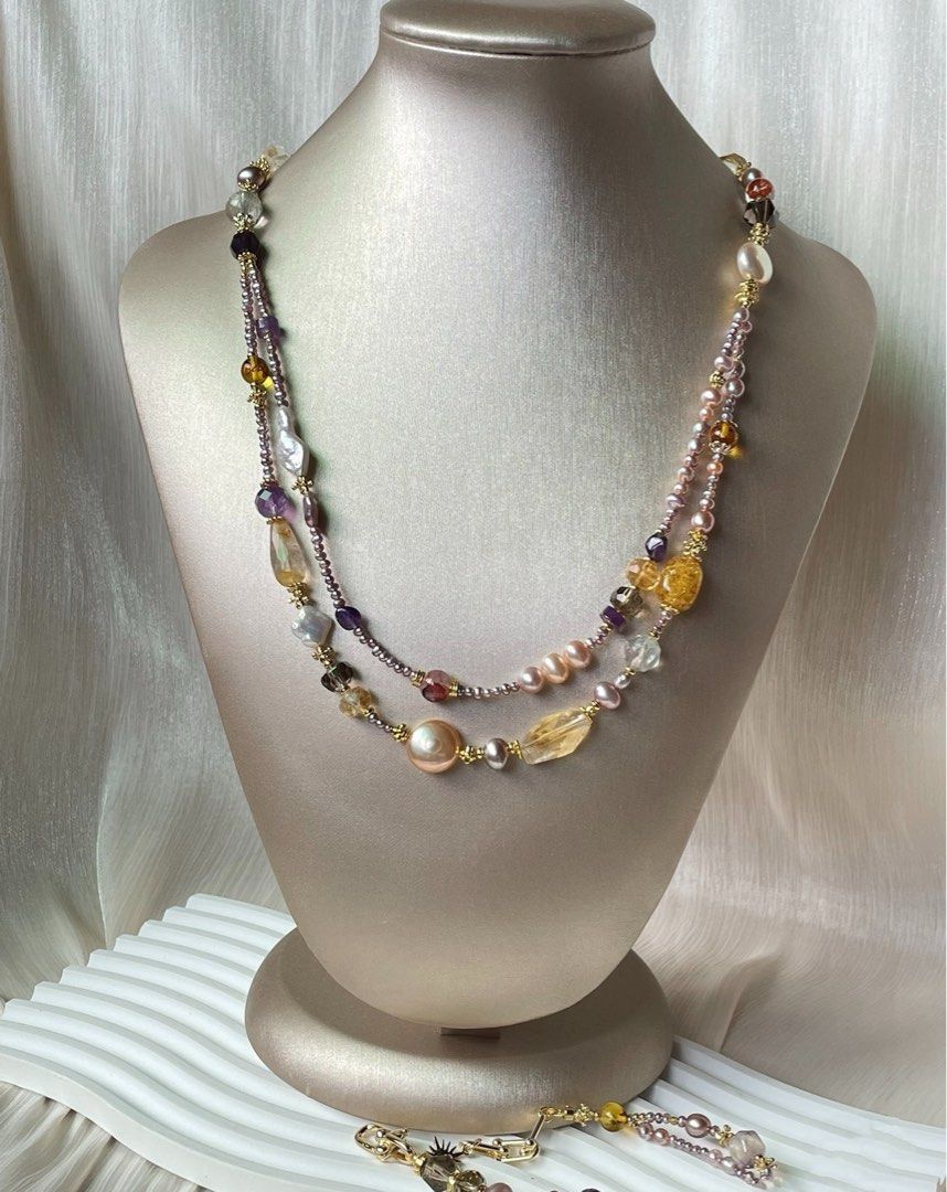 #PN01 Serene Spectrum |Freshwater Pearl Necklace & Bracelet Set |Baby Baroque |Coin Baroque |Double-layer|Beeswax|Amethyst Freeform |Citrine|Fire Quartz |Fluorite