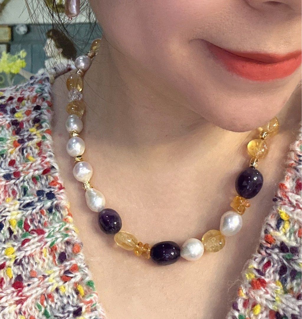 #PN12 Gorgeous Purple |Freshwater Pearl Necklace|Big Yellow Quartz |Big Purple Quartz |Deep Purple |Beeswax|Big Baroque Pearl |Irregular|Strong Presence