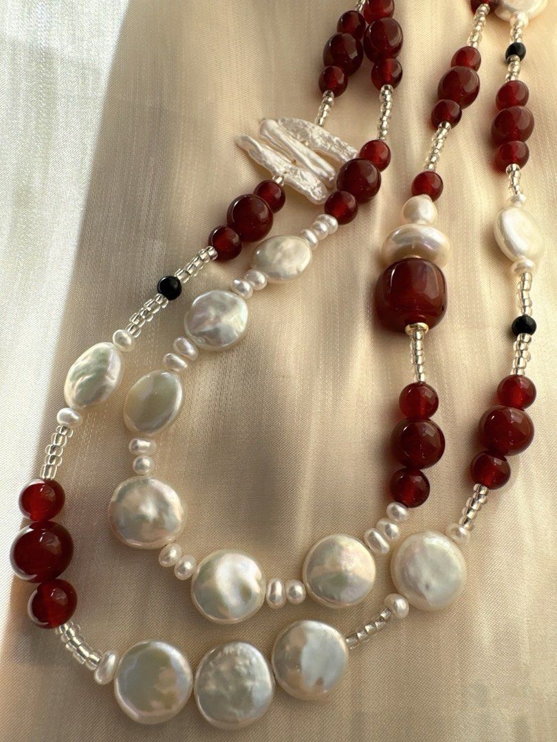 #PN247 Dark Moon|Freshwater Pearl Necklace |Double-layered|Garnet|Perfect Coin Pearls|Lustrous|Cool Silver