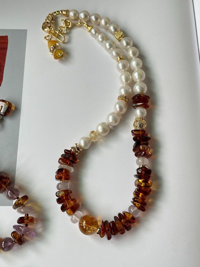 #PN355 Luxe Layers|Freshwater Pearl Necklace & Bracelet & Earrings Set |Baroque Pearl |Amber Chip|Amethyst|Big Citrine
