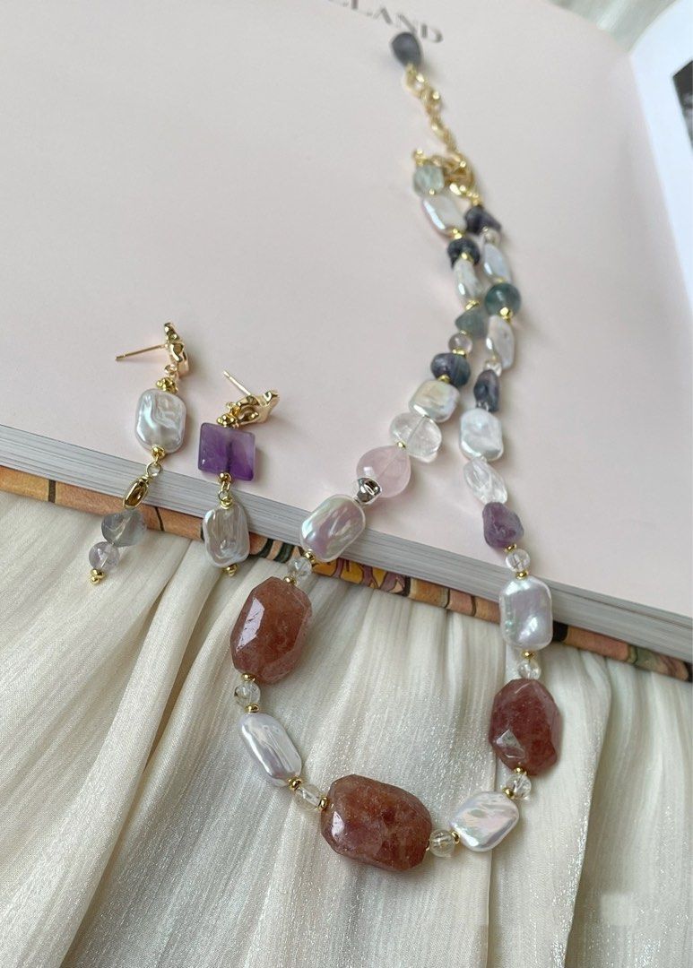 #PN52 Red Tenderness | Freshwater Pearl Necklace & Earrings Set | Strawberry Quartz Rectangle | Pearl Square |Fluorite Freeform