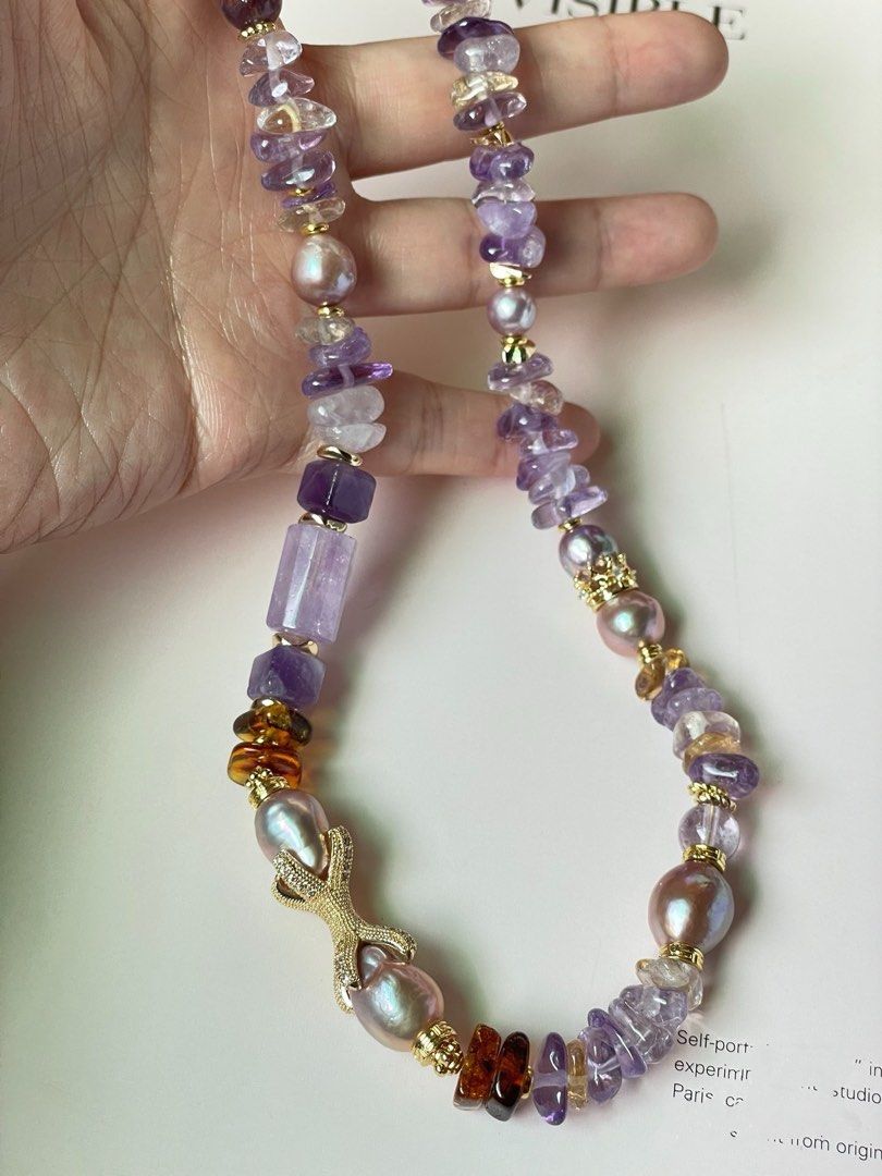 #PN304 Pearl & Stone Serenity | Freshwater Pearl Necklace | Amethyst Stack, Barrel | Amber Stack | Edison Pearl
