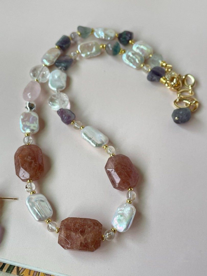 #PN52 Red Tenderness | Freshwater Pearl Necklace & Earrings Set | Strawberry Quartz Rectangle | Pearl Square |Fluorite Freeform