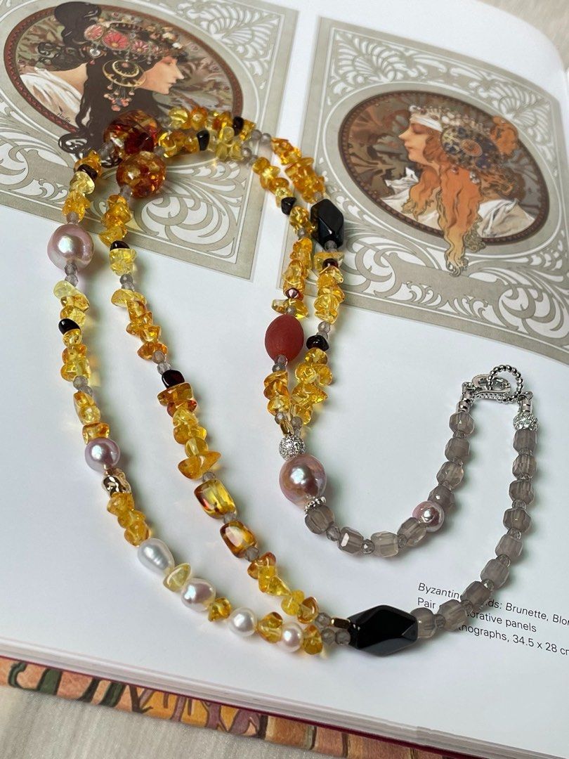 #PN301 Yellow Summer| Freshwater Pearl Necklace | Grey Agate Cubes|Double-layer|Amber Freeform |Beeswax Chip|Purple Baroque Pearl