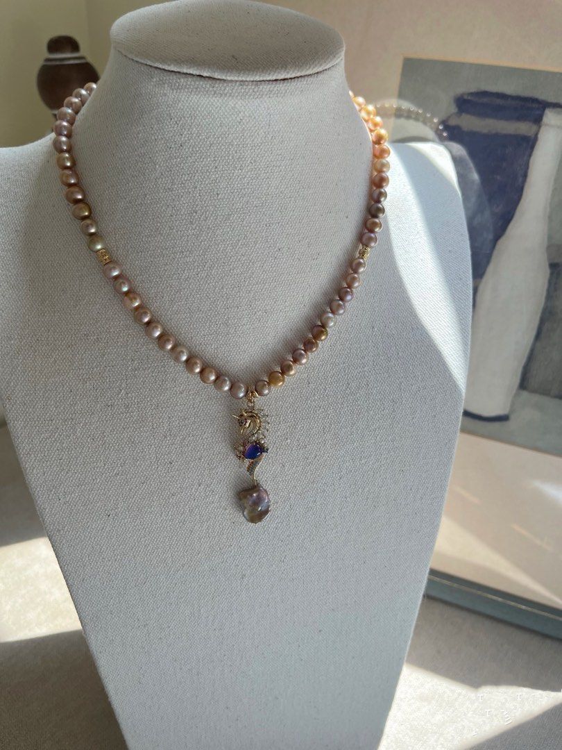 #PN264 Golden Wonder|Freshwater Pearl Necklace |Vintage|Natural Metallic Colour |Seahorse Pendant
