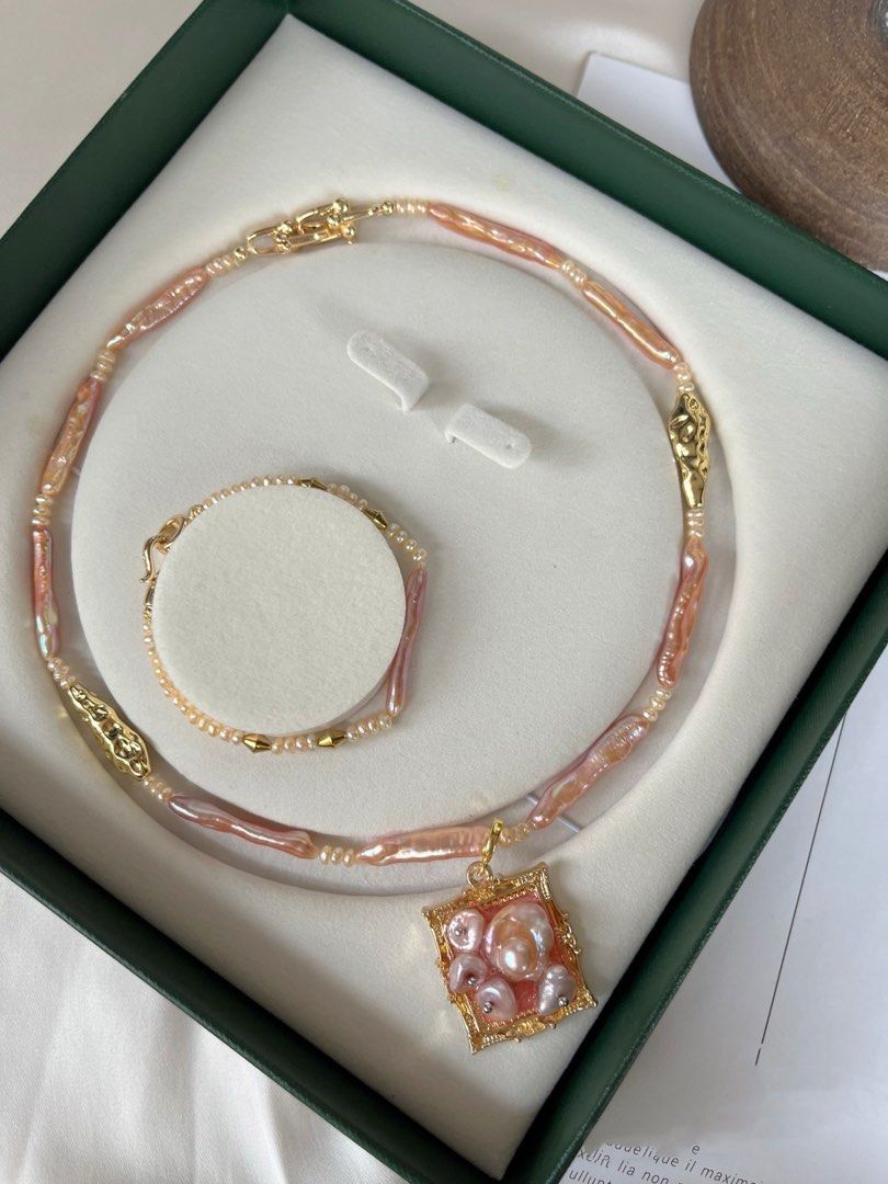 #PN04 Lustrous Lute|Freshwater Pearl Necklace & Bracelet Set |Supreme Pink-purple Lustre|Removable Frame Pendant |Baby Pearl