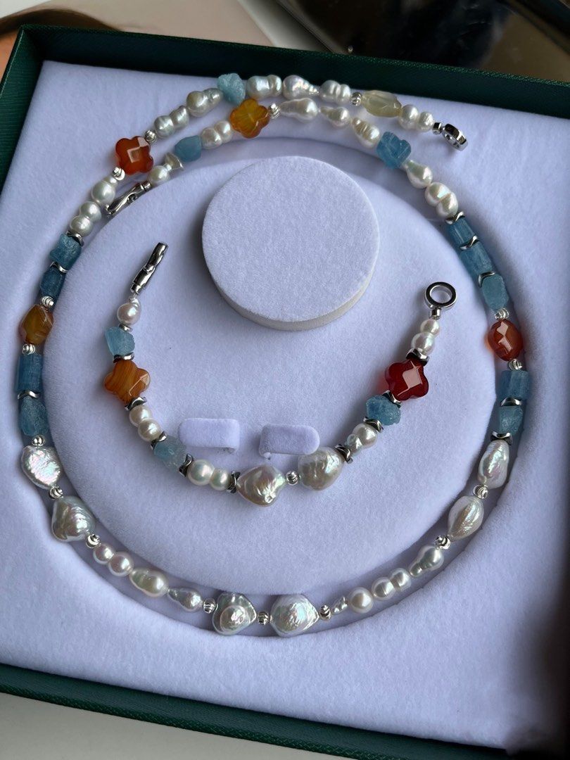 #PN184 Blue & Red|Freshwater Pearl Necklace & Bracelet Set|Agate Clover|Aquamarine Original Stone|Gourd Shaped Pearl|Bow|Baroque Pearl