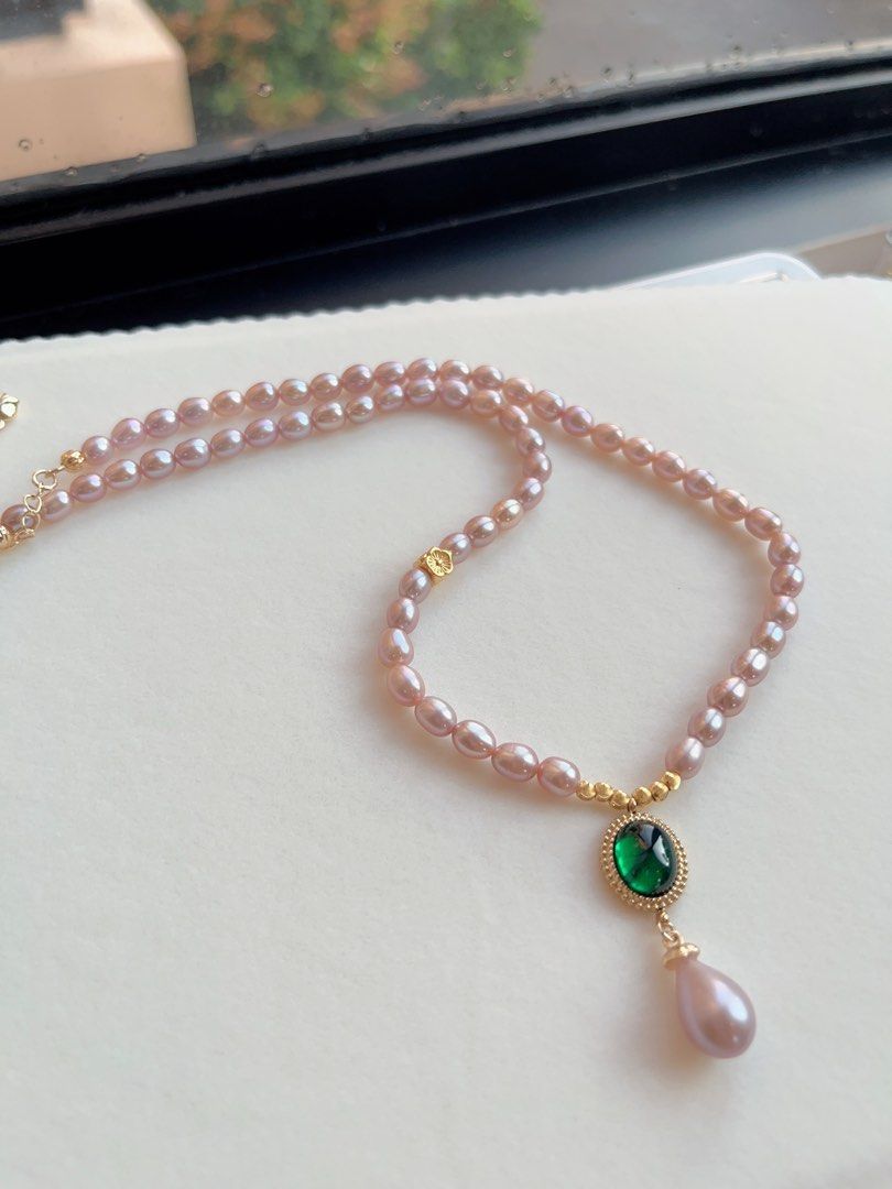 #PN126 Freshwater Pearl Necklace |Purple Pearls|Metallic Lustre| Green Nano Pendant |Peach Blossom Charm