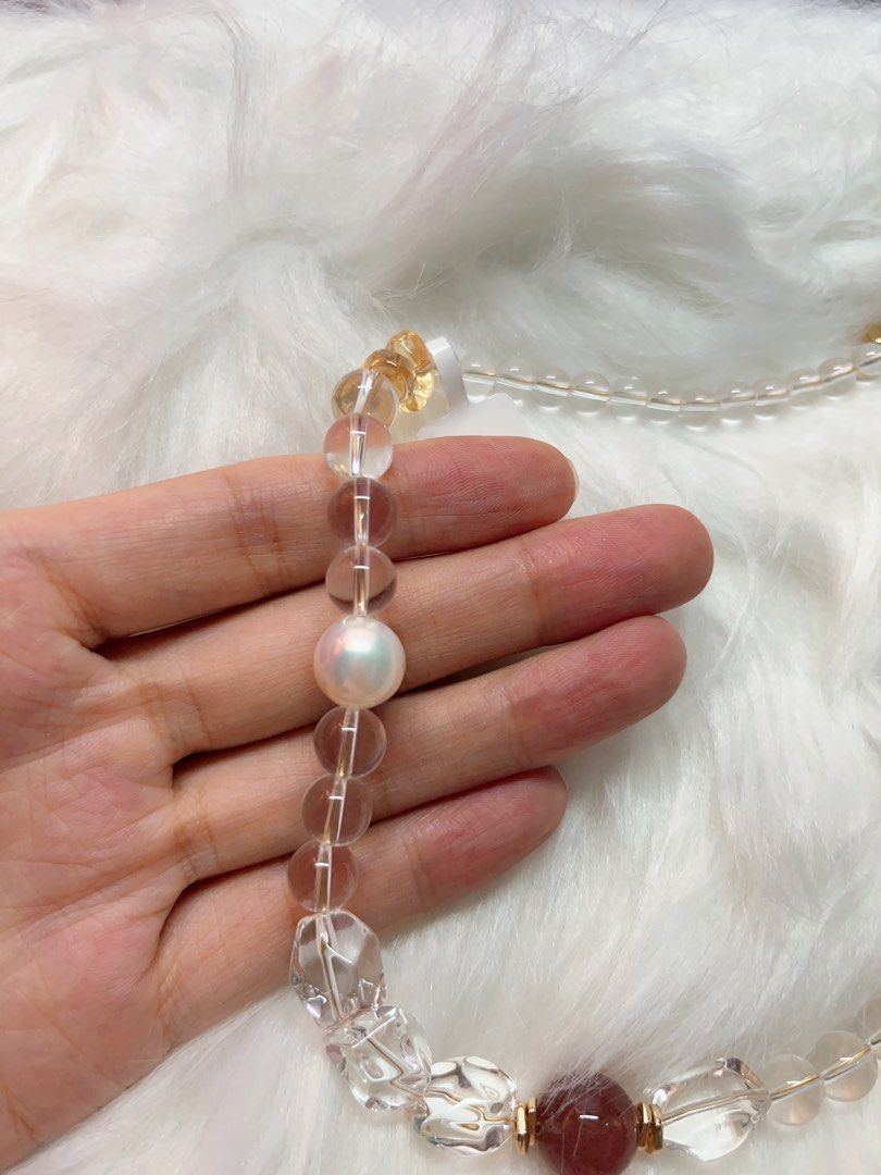 #PN281 Pearl Innocence | Freshwater Pearl Necklace | Clear Quartz Freeform, Round Beads| Big Baroque Pearl |Lustrous| Strawberry Quartz