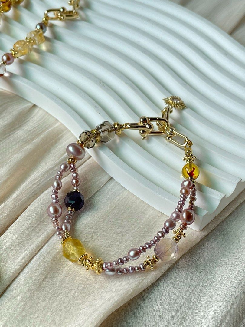 #PN01 Serene Spectrum |Freshwater Pearl Necklace & Bracelet Set |Baby Baroque |Coin Baroque |Double-layer|Beeswax|Amethyst Freeform |Citrine|Fire Quartz |Fluorite