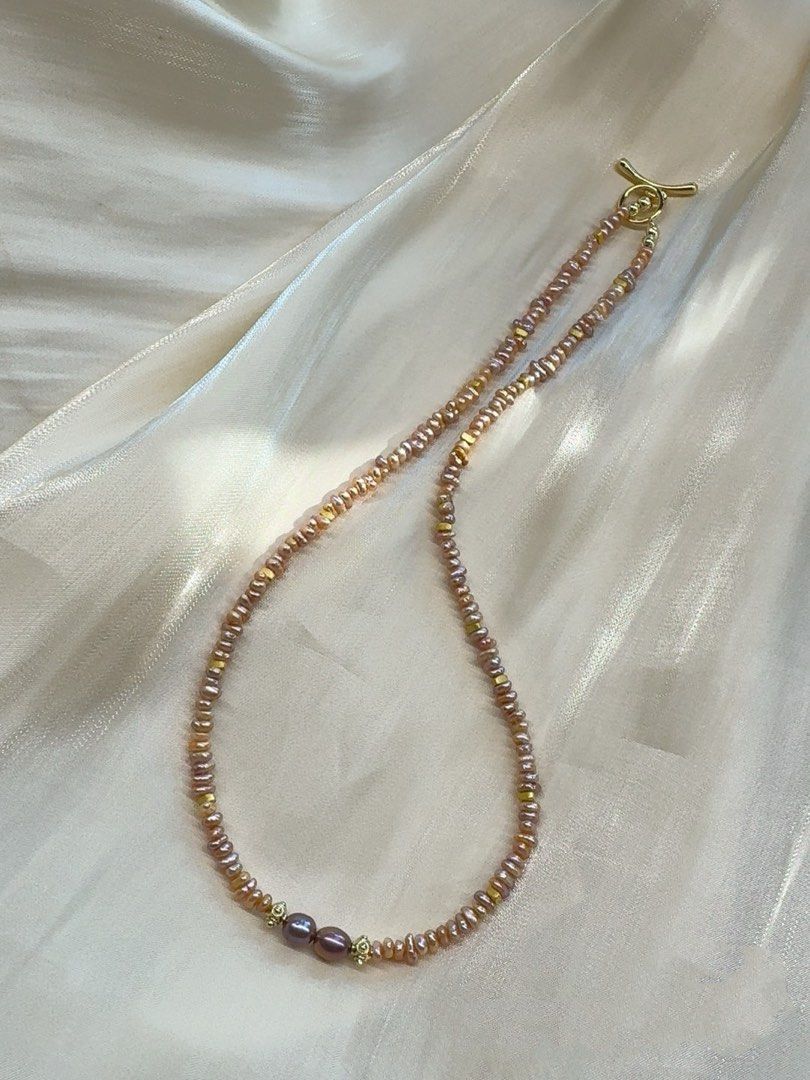 #PN268 Champagne Gold|Freshwater Pearl Necklace |Mini Baroque Pearl | Metallic Purple|Layered Pearls