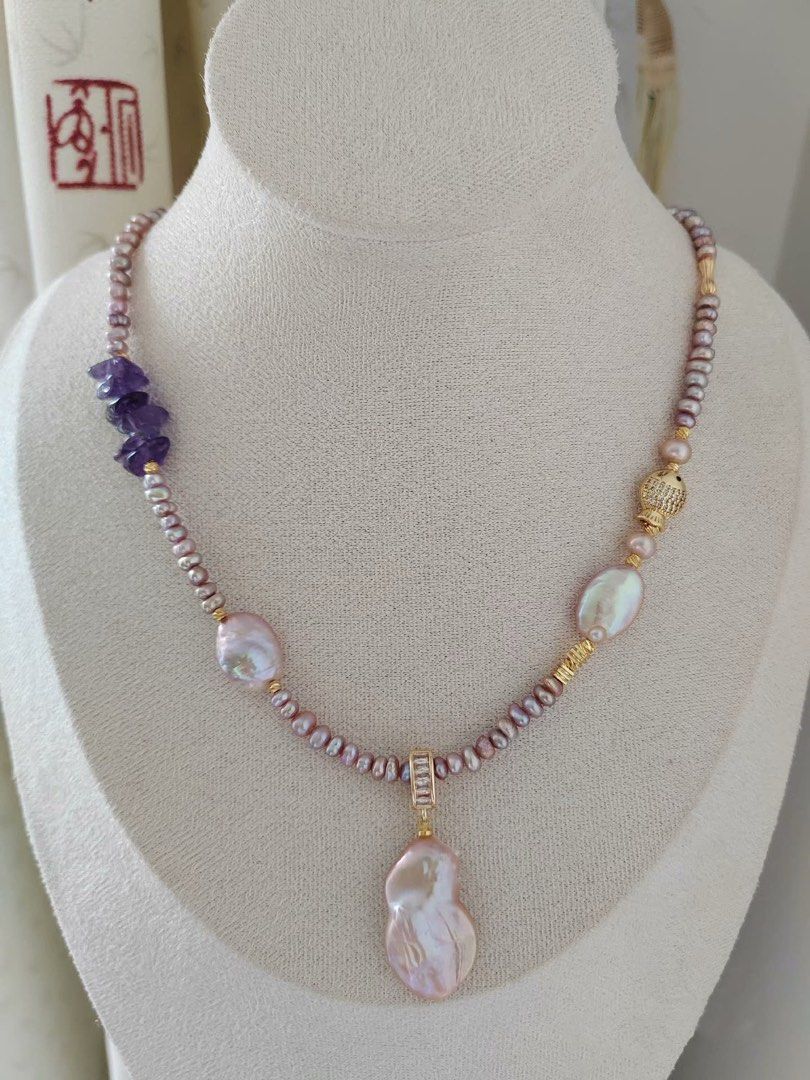 #PN297 Dynamic Sea| Freshwater Pearl Necklace | Fish Charm | Amethyst Chip| Baby Baroque Pearl | Gourd Removable Pendant | Lustrous