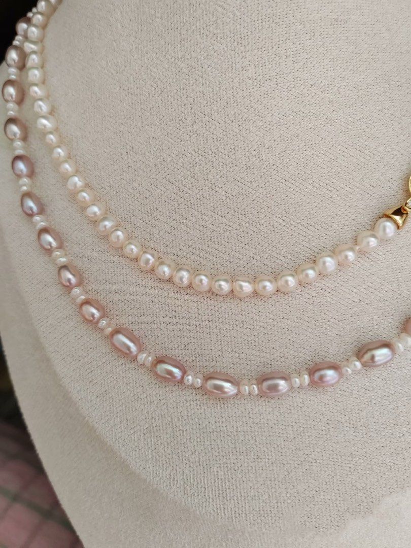 #PN291 Sea Breeze | Freshwater Pearl Necklace | Long Sweater Necklace | Lustrous Purple Rice Pearl | White Baroque Pearl | Zircon Clasp