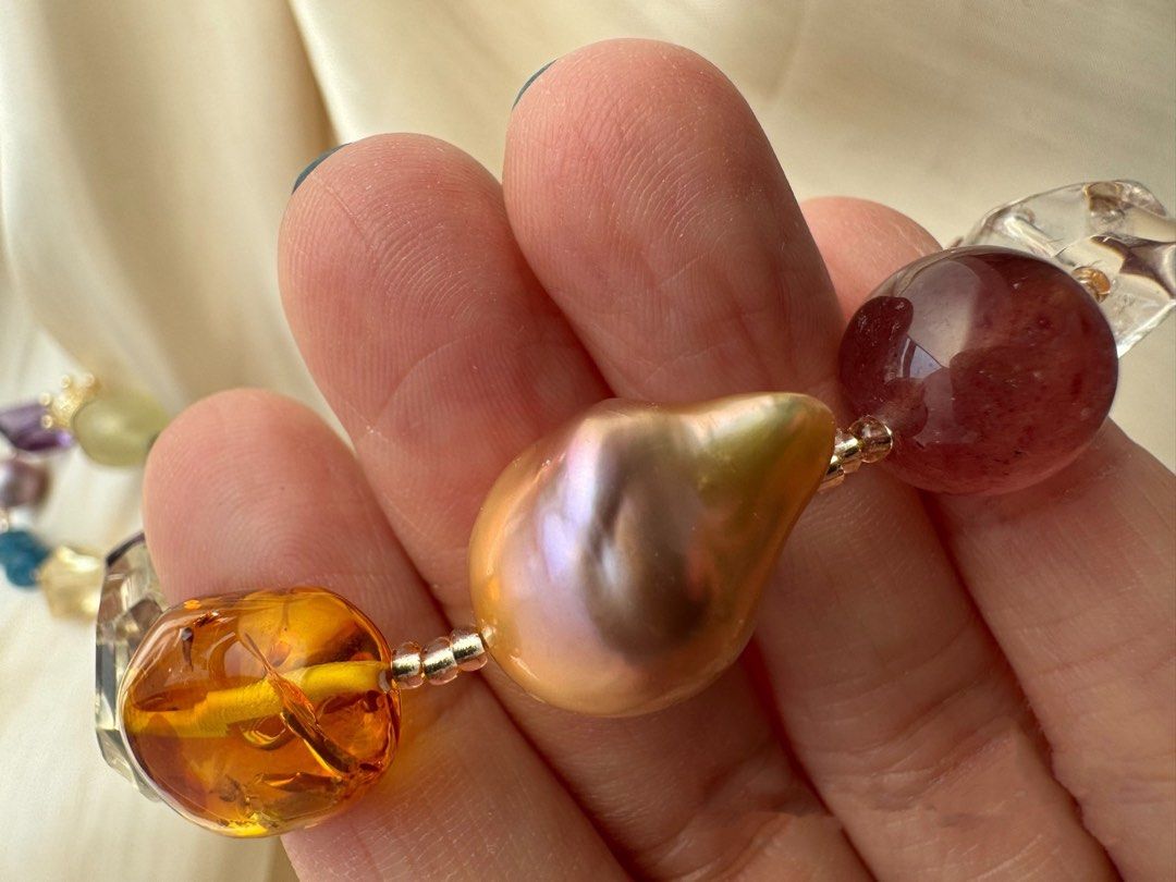 #PN300 Multi-Gems| Freshwater Pearl Necklace | Big Baroque Pearl | Amber Freeform | Fluorite Barrel | Amethyst, Citrine Freeform | Clear Quartz | Fire Quartz