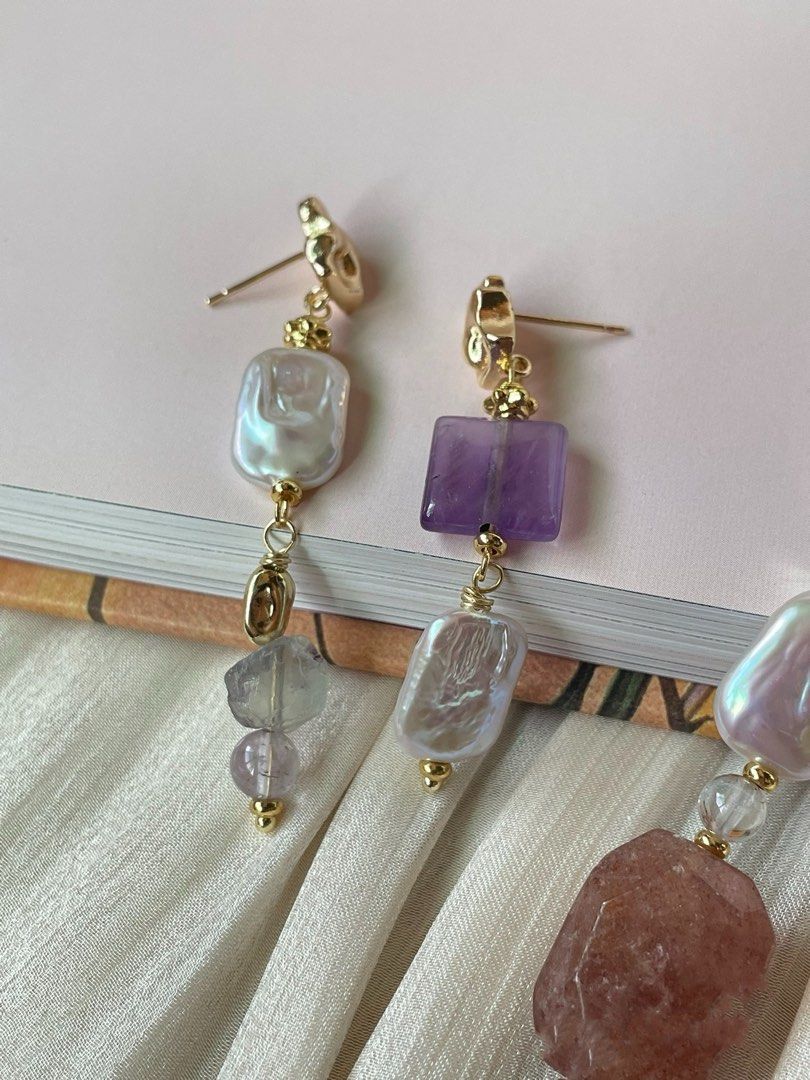 #PN52 Red Tenderness | Freshwater Pearl Necklace & Earrings Set | Strawberry Quartz Rectangle | Pearl Square |Fluorite Freeform