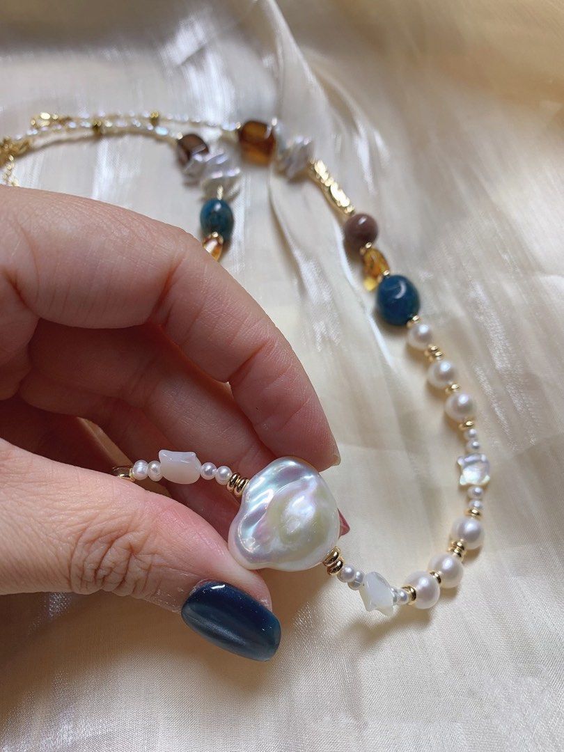 #PN204 Autumn Garden |Freshwater Pearl Necklace & Bracelet Set|Baby Baroque Pearl |Big Petal Baroque Pearl |Tea Quartz |Natural Stones |Cat Head Shell