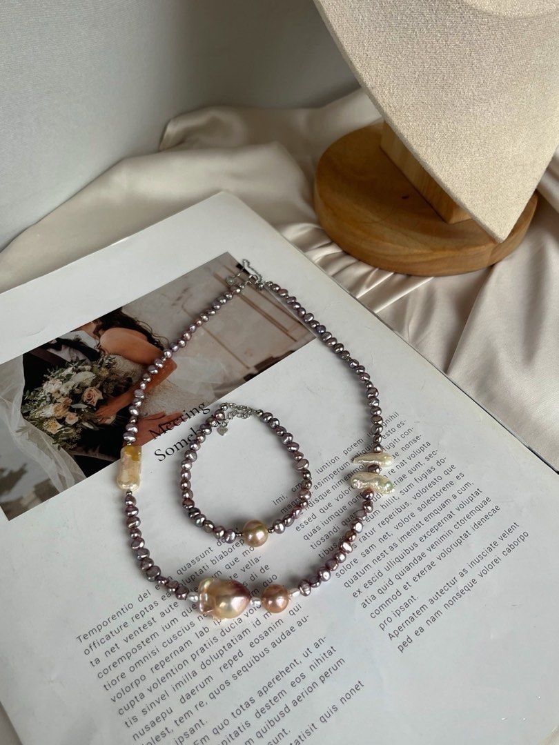 #PN367 Monster Purple |Freshwater Pearl Necklace & Bracelet Set |Baby Irregular Baroque Pearl |Metallic Deep Purple Lustre|Fishtail, Lute Shaped Baroque Pearl